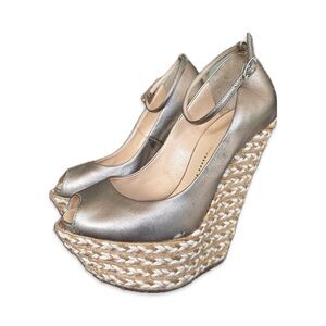 Giuseppe Zanotti Vic Women's Gold/Silver Peeptoe Espadrille Size 36.5 Wedges